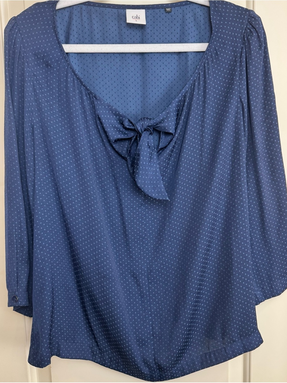 CAbi 5525 Navy Micro Dot Tie Neck Blouse L Puff Shoulder 3/4 Sleeve